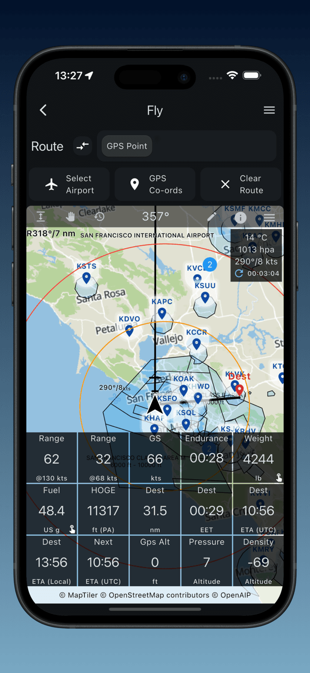 Fly page moving map with live GPS data blocks