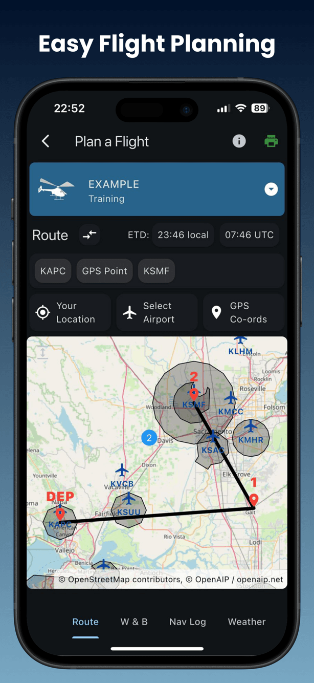 Easy flight planning with route on a map