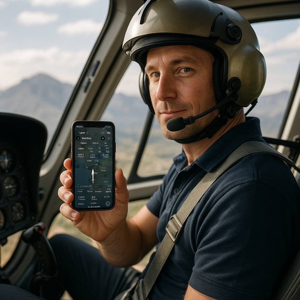 Helicopter pilot in the cockpit holding a phone running Tool in the Cockpit